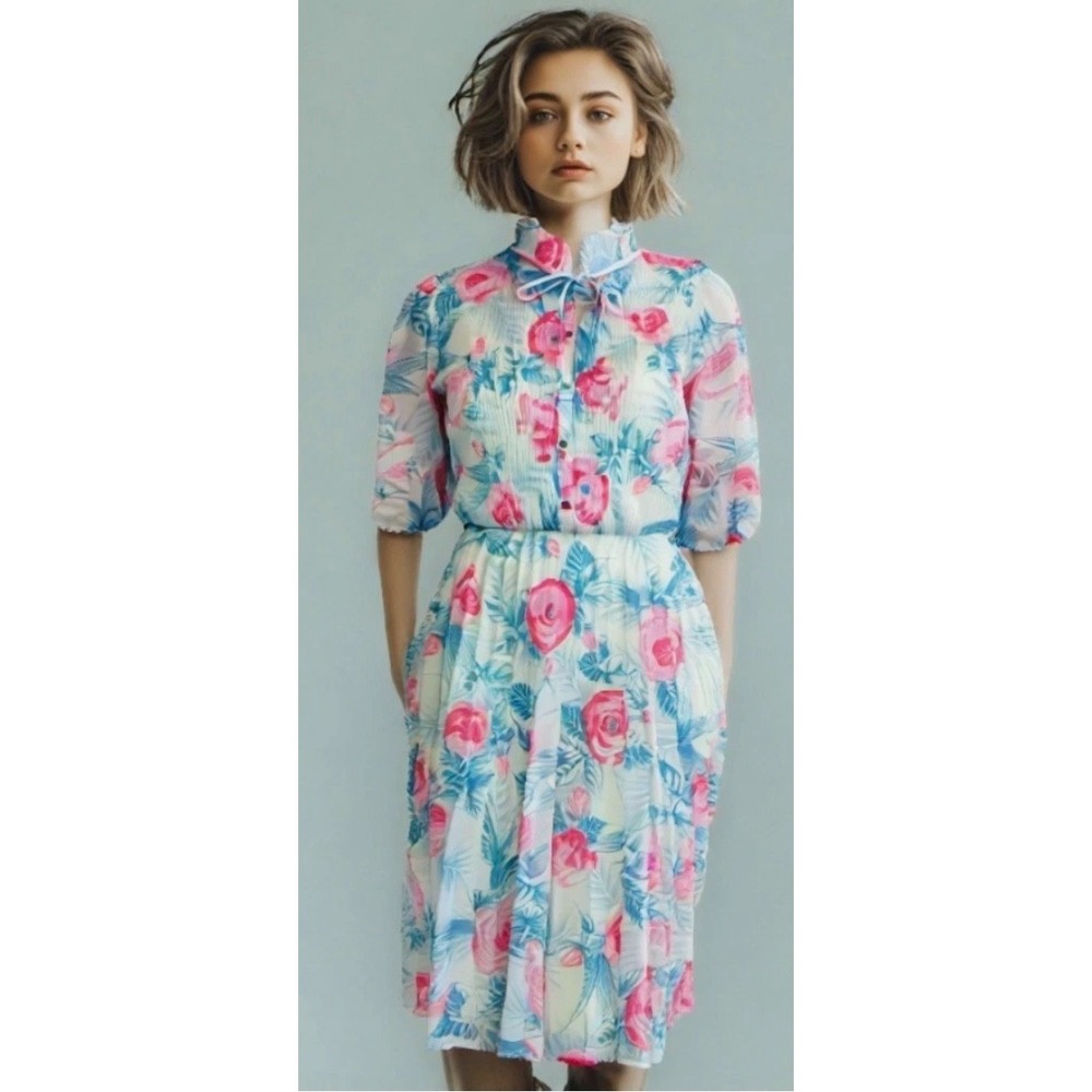 Vintage Floral Midi Dress Size Small White Floral Pleated Skirt Ruffle Neck EUC